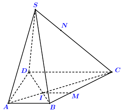 Từ \(\left( 1 \right);\left( 2 \right) \Rightarrow \left( {IMN} \right)\,{\rm{//}}\,\left( {SAB} \right)\). (ảnh 1)