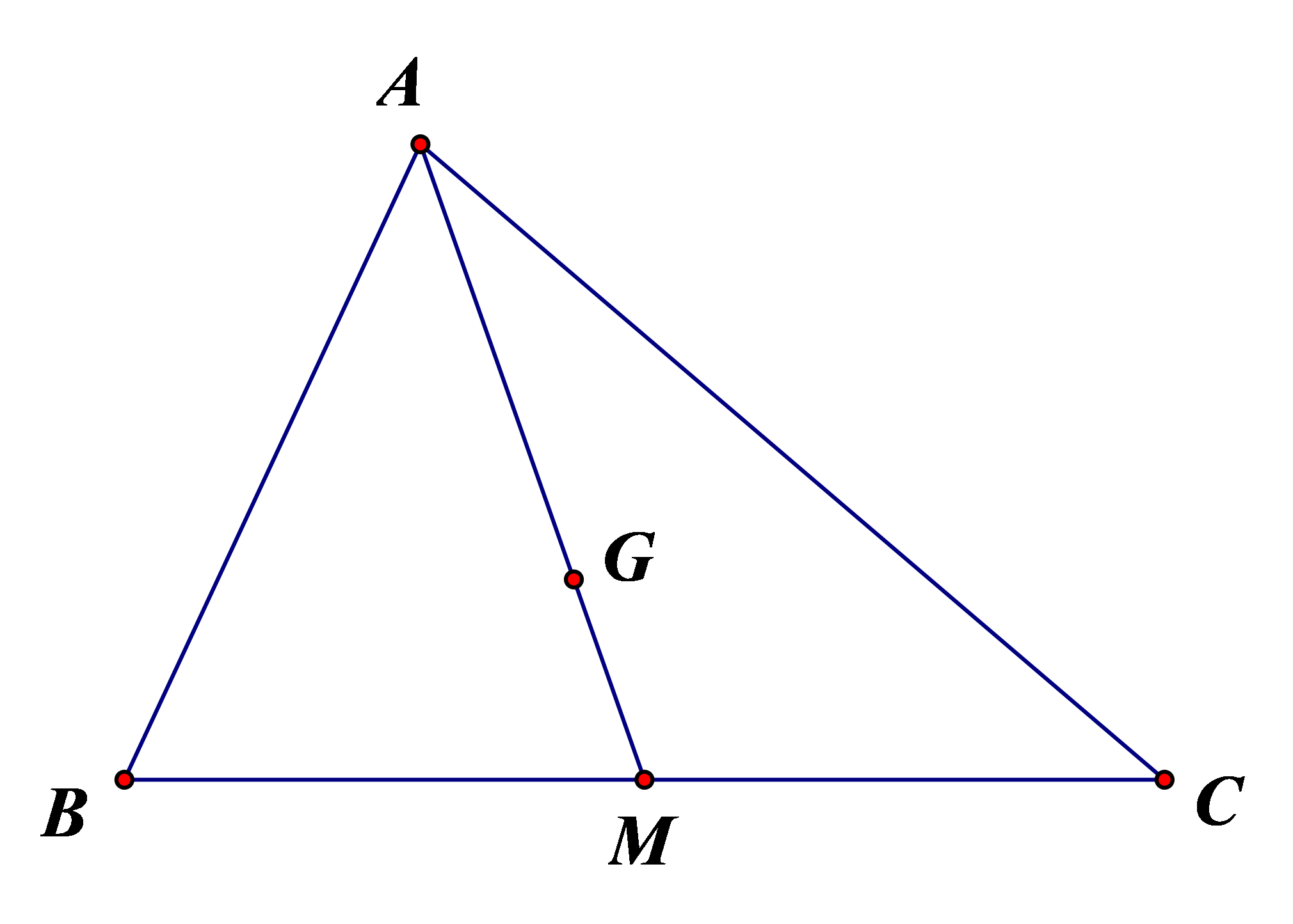Cho tam giác ABC với trung tuyến AM và trọng tâm G. Tìm số thực k thỏa mãn \(\overrightarrow {GM}  = k\overrightarrow {GA} \). (ảnh 1)