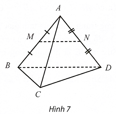  Cho tứ diện \(ABCD\). Gọi \(M,N\) lần lượt là trung điểm của \(AB\) và \(AD\).  Chứng minh rằng \(MN//(BCD)\). (ảnh 1)