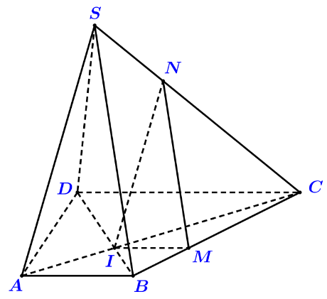 Từ \(\left( 1 \right);\left( 2 \right) \Rightarrow \left( {IMN} \right)\,{\rm{//}}\,\left( {SAB} \right)\). (ảnh 2)
