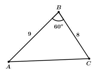 Cho tam giác \[\Delta ABC\] có \[AB = 9,BC = 8,\widehat {ABC} = {60^0}\]. Tính độ dài đoạn \[AC\]. 	A. \[\sqrt {113} \].	B. \[\sqrt {73} \].	C. \[\sqrt {217} \].	D. \[8\] (ảnh 1)