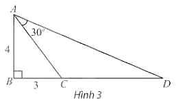 Trong Hình 3, tam giác \(ABC\) vuông tại \(B\) và có hai cạnh góc vuông là \(AB = 4,BC = 3\). Vẽ điểm \(D\) nằm trên tia đối của tia \(CB\) thoả mãn \(\widehat (ảnh 1)