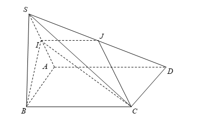 Do đó thiết diện tạo bởi mặt phẳng \[\left( {IBC} \right)\] và hình chóp \[S.ABCD\] là hình thang\[BIJC\]  (\[IJ\,{\rm{//}}\,BC\]). (ảnh 1)