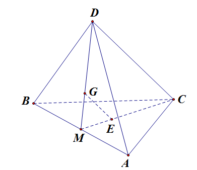 Chọn B   Gọi\(M\)là trung điểm của\(AB\).Trong tam giác\(MCD\)có\(\frac{{MG}}{{MD}} = \frac{{ME}}{{MC}} = \frac{1}{3}\)suy ra\(GE{\rm{//}}CD\). (ảnh 1)
