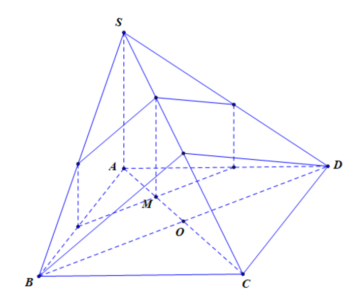 Chọn B   Dựng thiết diện của \(\left( P \right)\) và hình chóp \(S.ABCD\), ta có nếu \(M\)nằm giữa \(A,C\) thì thiết diện là tứ giác, nằm giữa (ảnh 1)