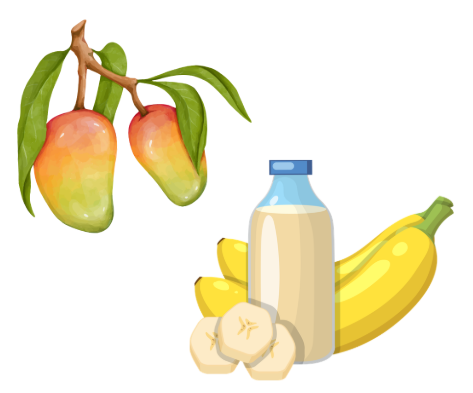 Look and choose the correct answer.  There are two bananas, two __________ and milk.  A. pots B. bells C. mangoes (ảnh 1)