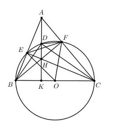 Cho tam giác ABC có ba góc nhọn ( {AB; AC). Đường tròn tâm O đường kính BC cắt hai cạnh (ảnh 1)