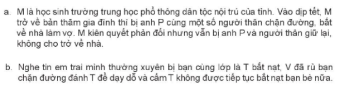  Anh/chị hãy đưa ra các phương án xử lí phù hợp để thực hiện tốt quyền bất khả xâm phạm về thân thể và quyền được pháp luật bảo hộ về tính mạng, sức khỏe, danh dự, nhân phẩm của công dân trong những tình huống sau: (ảnh 1)