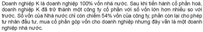 Em hãy đọc trường hợp sau để trả lời câu hỏi:  Em hãy phân tích số vốn của doanh nghiệp K trước và sau khi cổ phẩn hóa. (ảnh 1)
