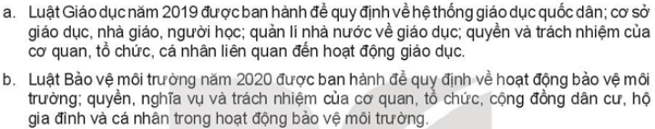 Em hãy đọc các thông tin sau và cho biết Luật Giáo dục và Luật Bảo vệ môi trường được cụ thể hóa từ những Điều nào trong Hiến pháp năm 2013.   (ảnh 1)