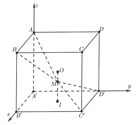 Cho hình lập phương  A B C D . A ′ B ′ C ′ D ′  cạnh bằng 1 , có tâm  O . Gọi  I  là tâm của hình vuông  A ′ B ′ C ′ D ′  và  M  là điểm thuộc đoạn  O I  sao cho  M O = 1 2 M I . Gắn hệ trục tọa độ  A ′ x y z  như hình vẽ. (ảnh 1)