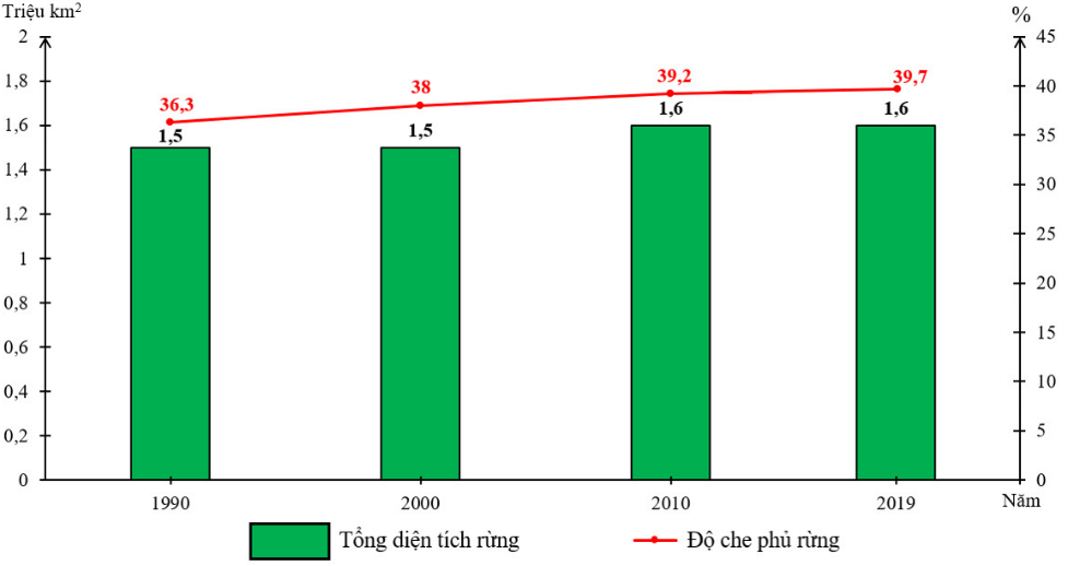 Theo biểu đồ, cho biết năm nào ở châu Âu có độ che phủ rừng cao nhất? (ảnh 1)