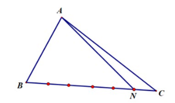 Cho tam giác ABC. Lấy điểm N thuộc cạnh BC sao cho NB= 5/6 BC. Hãy phân tích vecto AN theo các vectơ AB và vec AC. (ảnh 1)