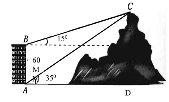 người này quan sát tại sân thượng của cùng tòa nhà đó, với phương nhìn tạo với phương nằm ngang 15 độ. Tính chiều cao ngọn núi, biết rằng tòa nhà cao 60m. (ảnh 1)