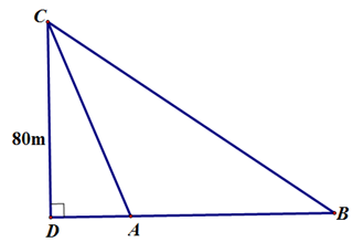 Từ một đỉnh tháp chiều cao CD = 80m, người ta nhìn hai điểm A và B trên mặt đất dưới các góc 72 độ 12' và 34 độ 26'. Ba điểm A,B,D thẳng hàng. Tính khoảng cách AB. (ảnh 1)
