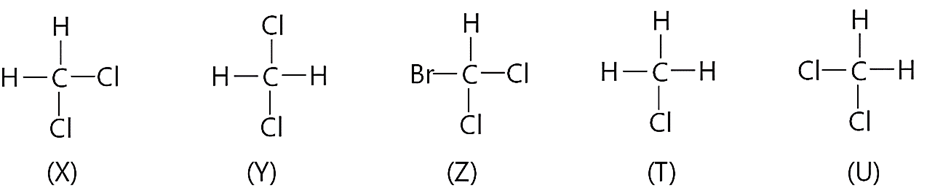 Cho các công thức cấu tạo sau:
(a) X, Y, Z cùng biểu diễn một chất.
(b) X, T, U là đồng đẳng của nhau.
(c) X, Y, U có cùng công thức phân tử CH2Cl2.
(d) Y, T, U là đồng phân của nhau. (ảnh 1)