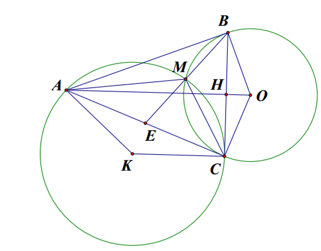 Từ một điểm A nằm bên ngoài đường tròn ( O), kẻ các tiếp tuyến AB,AC với đường tròn (\[B,\,C\] là các tiếp điểm).  (ảnh 1)