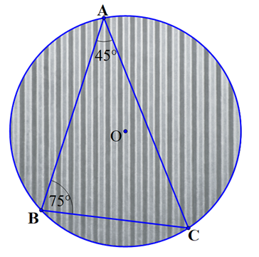 Từ một tấm tôn hình tròn có bán kính R = 1m, bạn Trí muốn cắt ra một hình tam giác ABC có các góc A = {45 độ ,B =75 độ . Hỏi bạn Trí phải cắt miếng tôn theo hai dây cung AB,BC có độ dài lần lượt bằng bao nhiêu mét (ảnh 1)