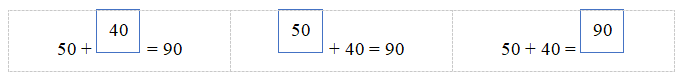Kéo thả thích hợp vào ô trống 50 + …… = 90 …… + 40 = 90 50 + 40 = …… (ảnh 2)