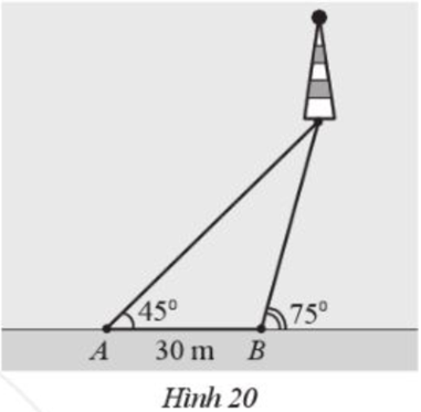 Một người đi dọc bờ biển từ vị trí A đến vị trí B và quan sát một ngọn hải đăng. Góc nghiêng của phương quan sát từ các vị trí A, B tới ngọn hải đăng với đường đi của người qunn sát lần lượt là 45 độ và 75 độ (ảnh 1)