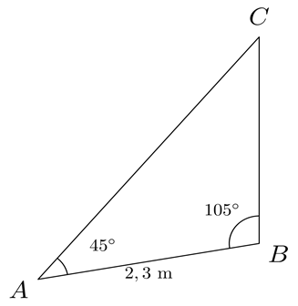 Tính diện tích một cánh buồm hình tam giác. Biết cánh buồm đó có chiều dài (2,3) một cạnh là  m và hai góc kề cạnh đó có số đo là 45 độ và 105 độ  (ảnh 2)