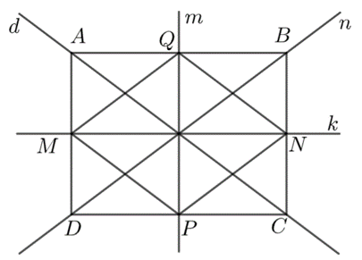 Cho hình chữ nhật ABCD, hình thoi MQNP và các đường thẳng (ảnh 1)