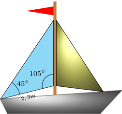 Tính diện tích một cánh buồm hình tam giác. Biết cánh buồm đó có chiều dài (2,3) một cạnh là  m và hai góc kề cạnh đó có số đo là 45 độ và 105 độ  (ảnh 1)