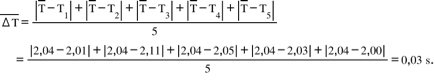Title: top enclose increment straight T end enclose equals fraction numerator open vertical bar top enclose straight T minus straight T subscript 1 close vertical bar plus open vertical bar top enclose straight T minus straight T subscript 2 close vertical bar plus open vertical bar top enclose straight T minus straight T subscript 3 close vertical bar plus open vertical bar top enclose straight T minus straight T subscript 4 close vertical bar plus open vertical bar top enclose straight T minus straight T subscript 5 close vertical bar over denominator 5 end fraction
space space space space equals fraction numerator open vertical bar 2 comma 04 minus 2 comma 01 close vertical bar plus open vertical bar 2 comma 04 minus 2 comma 11 close vertical bar plus open vertical bar 2 comma 04 minus 2 comma 05 close vertical bar plus open vertical bar 2 comma 04 minus 2 comma 03 close vertical bar plus open vertical bar 2 comma 04 minus 2 comma 00 close vertical bar over denominator 5 end fraction equals 0 comma 03 space straight s.