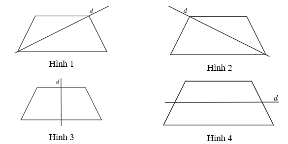 Cho các hình:   Hình 1	  Hình 2   Hình 3	  Hình 4  	A. Hình 1.	B. Hình 2.	C. Hình 3.	D. Hình 4. Hình nào ở trên thể hiện đường thẳng \(d\) là trục đối xứng của hình thang cân? (ảnh 1)