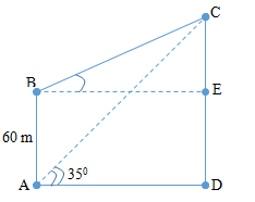 người này quan sát tại sân thượng của cùng tòa nhà đó, với phương nhìn tạo với phương nằm ngang 15 độ. Tính chiều cao ngọn núi, biết rằng tòa nhà cao 60m. (ảnh 2)