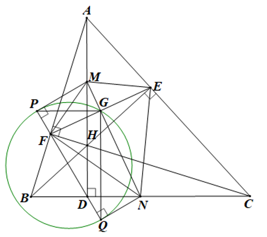 Cho tam giác \(ABC\) có ba góc nhọn và (AB < AC) Vẽ các đường cao (AD,BE,CF)của tam giác đó. Gọi  (ảnh 1)