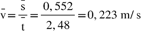 Title: straight v with bar on top equals fraction numerator straight s with bar on top over denominator straight t with bar on top end fraction equals fraction numerator 0 comma 552 over denominator 2 comma 48 end fraction equals 0 comma 223 space straight m divided by straight s