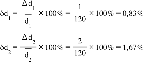 Title: straight delta straight d subscript 1 equals fraction numerator increment straight d subscript 1 over denominator stack straight d subscript 1 with bar on top end fraction cross times 100 percent sign equals 1 over 120 cross times 100 percent sign equals 0 comma 83 percent sign
straight delta straight d subscript 2 equals fraction numerator increment straight d subscript 2 over denominator stack straight d subscript 2 with bar on top end fraction cross times 100 percent sign equals 2 over 120 cross times 100 percent sign equals 1 comma 67 percent sign