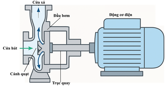Một máy bơm dùng động cơ điện để bơm nước từ giếng sâu bằng một đầu bơm ly tâm (ảnh 1)