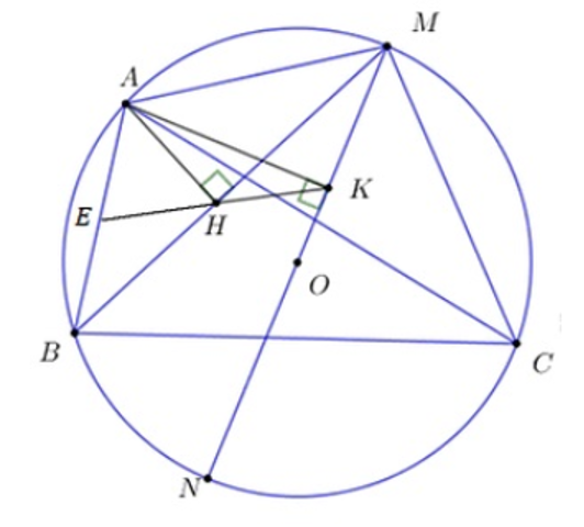 Cho tam giác nhọn ABC nội tiếp trong đường tròn tâm O có AB < AC. Trên cung nhỏ lấy điểm M khác A thỏa mãn (ảnh 1)