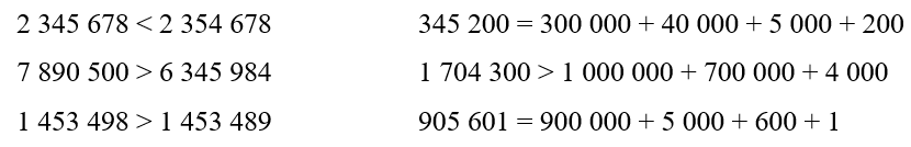 Điền vào chỗ trống sao cho phù hợp: >, <, = 2 345 678 ... 2 354 6787 890 500 ... 6 345 9841 453 498 ... 1 (ảnh 2)