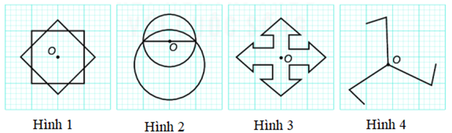 Trong các hình dưới đây, điểm O là tâm đối xứng của hình nào?   	A. Hình 1 và Hình 2.		B. Hình 1 và Hình 3.	 	C. Hình 1 và Hình 4.		D. Hình 1, Hình 3 và Hình 4. (ảnh 1)