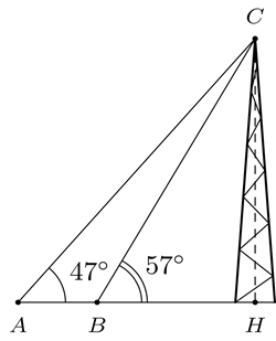 Để đo chiều cao CH của một tháp truyền hình, người ta chọn hai điểm quan sát A, B trên mặt đất (hình vẽ). Biết góc CAH =47 độ , góc CBH = 57 độ  và AB = 63m, tính chiều cao của tháp. (ảnh 1)