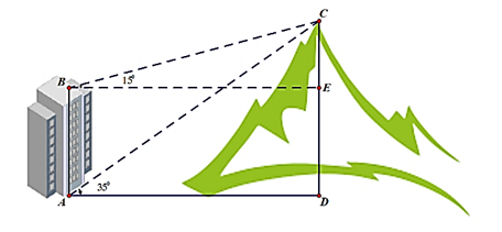 Tính chiều cao ngọn núi biết rằng tòa nhà cao 60m (làm tròn đến hàng phần trăm). (ảnh 1)