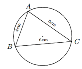 Từ một miếng bìa hình tròn, bạn Nam cắt ra một hình tam giác ABC có độ dài các cạnh AB = 4 cm, AC = 5 cm, BC = 6 cm như hình vẽ. Tính bán kính R của miếng bìa ban đầu (làm tròn kết quả đến hàng đơn vị theo đơn vị cm). (ảnh 1)