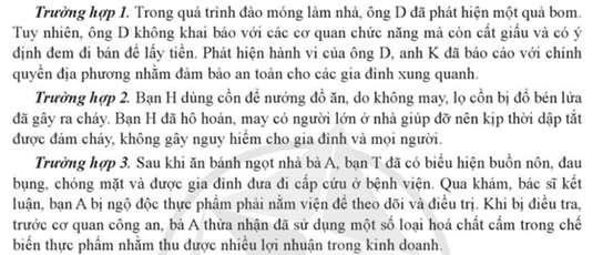 Căn cứ vào thông tin, em hãy nhận xét việc thực hiện những quy định của pháp luật về phòng ngừa tai nạn vũ khí, cháy, nổ và chất độc hại của các chủ thể trong từng trường hợp trên. (ảnh 1)