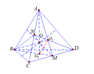 tâm của tam giác do đó \[\frac{{{G_2}M}}{{{G_2}A}} = \frac{1}{2}\].Tương tự ta cũng có \[\frac{{{G_1}M}}{{{G_1}B}} = \frac{1}{2}\]suy ra\({G_1}{G_2}\,{\rm{//}}\,AB\). (ảnh 1)
