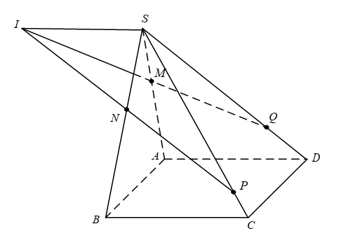 Do \(\left\{ {\begin{array}{*{20}{c}}{SI = \left( {SAD} \right) \cap \left( {SBC} \right)\,\,\,\,\,\,\,\,\,\,\,\,\,\,}\\\begin{array}{l}AD \subset \left( {SAD} \right)\,;\,\,BC \subset \left( {SBC} \right)\\AD\para (ảnh 1)