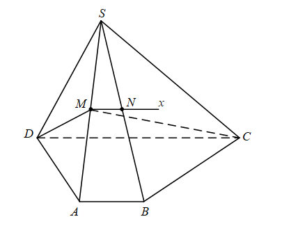 Ta có: \(\left\{ {\begin{array}{*{20}{c}}{MN = \left( {MCD} \right) \cap \left( {SAB} \right)\,\,\,\,\,\,\,\,\,\,\,}\\\begin{array}{l}CD \subset \left( {MCD} \right)\,\,;\,\,AB \subset \left( {SAB} \right)\\CD\parallel AB\e (ảnh 1)