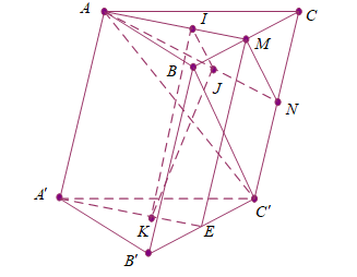 Cho hình lăng trụ \[ABC.A'B'C'\]. Gọi \[I\], \[J\], \[K\] lần lượt là trọng tâm của các tam giác \[ABC\], \[ACC'\], \[A'B'C'\]. Mặt phẳng nào sau đây song son (ảnh 1)