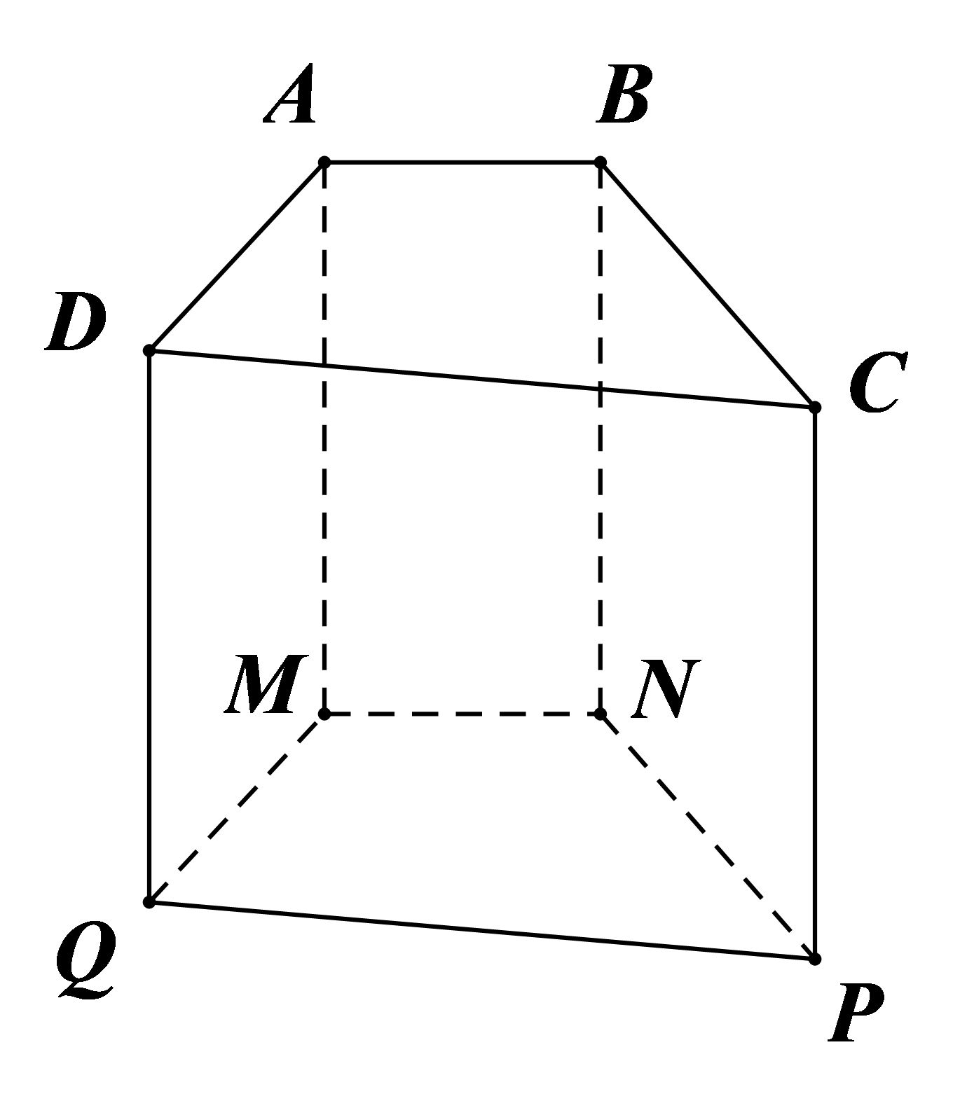 Cho hình lăng trụ đứng tứ giác ABCD.MNPQ như hình bên. Mặt bên ADQM là hình gì? A. Hình bình hành; B. Hình thang; C. Hình thoi; D. Hình chữ nhật. (ảnh 1)