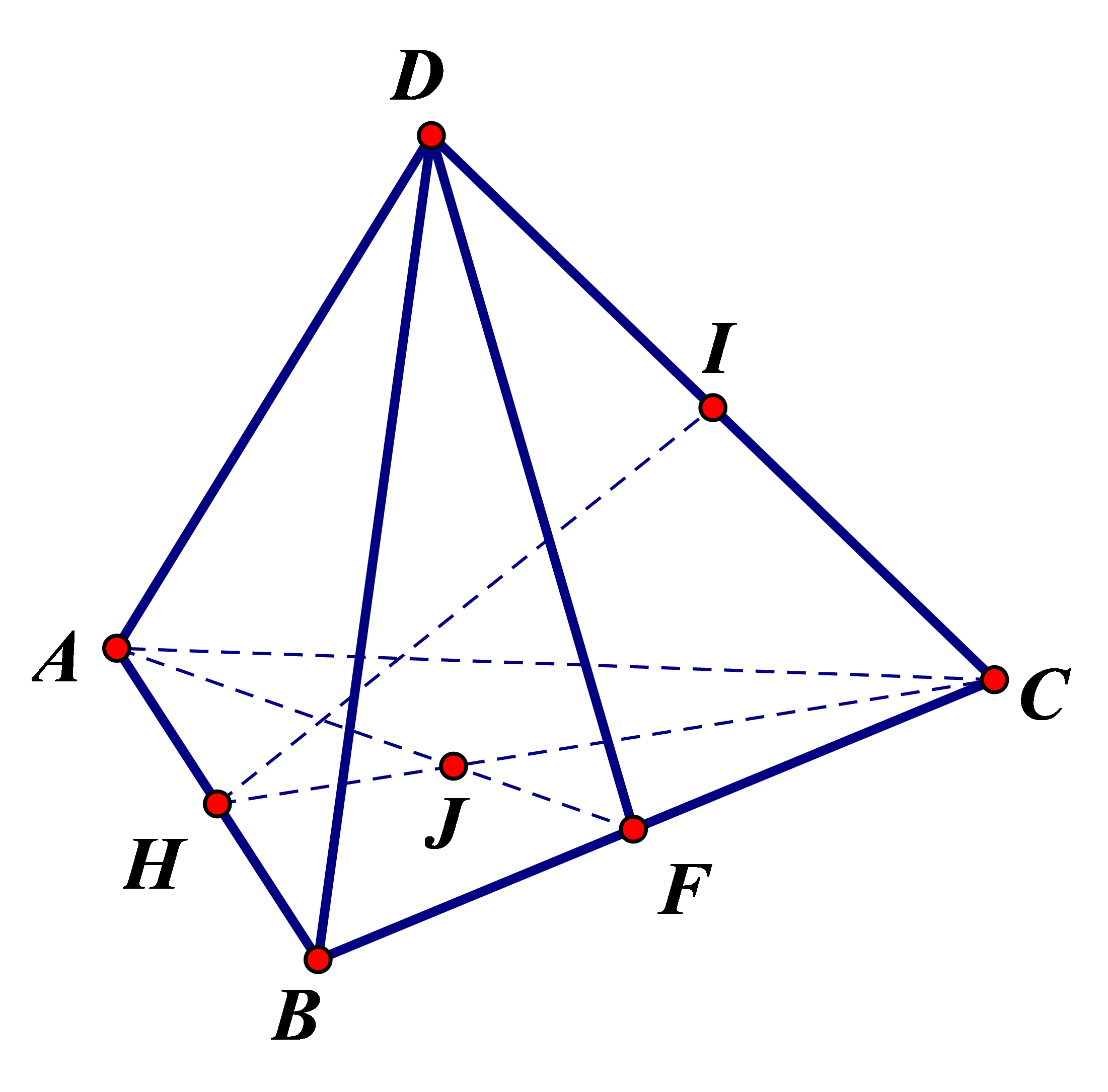 Cho tứ diện ABCD (như hình vẽ). Gọi H,I,F lần lượt là trung điểm của AB,CD,BC. Giao điểm của đường thẳng HI và mặt phẳng (ADF) là (ảnh 1)