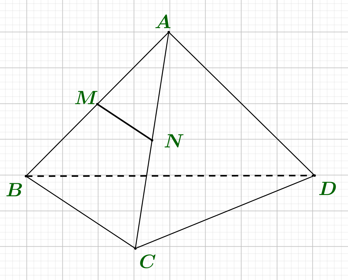 Cho tứ diện \[ABC{\rm{D}}\] có \[M,N\] lần lượt là trung điểm của \[AB,AC\]. Mặt phẳng nào sau đây song song với đường thẳng \[MN\]?           A. \[(ACD)\].                         B. \[(ABD)\]  	C. \[(ABC)\]                          	D. \[(BCD)\]. (ảnh 1)