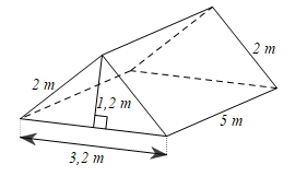 Một cái lều trại hè có dạng hình lăng trụ đứng tam giác với các kích thước như hình vẽ bên. a) Tính thể tích khoảng không bên trong lều. (ảnh 1)