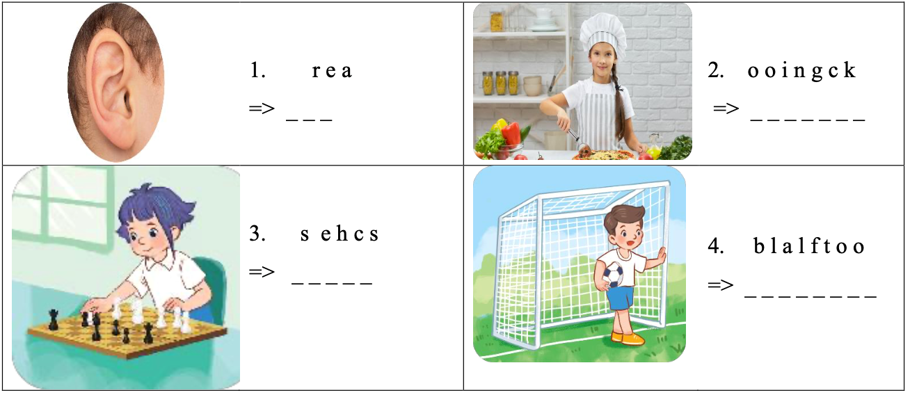 Look at the pictures and write the words. (1pt) Nhìn tranh và viết từ (ảnh 1)